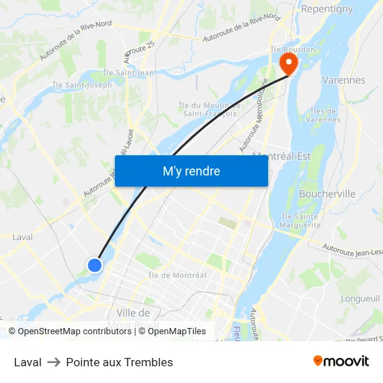 Laval to Pointe aux Trembles map