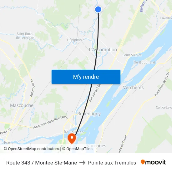 Route 343 / Montée Ste-Marie to Pointe aux Trembles map