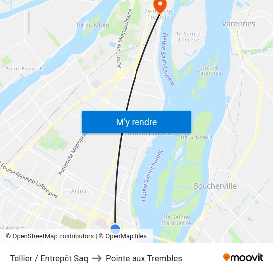 Tellier / Entrepôt Saq to Pointe aux Trembles map