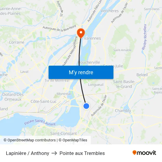 Lapinière / Anthony to Pointe aux Trembles map