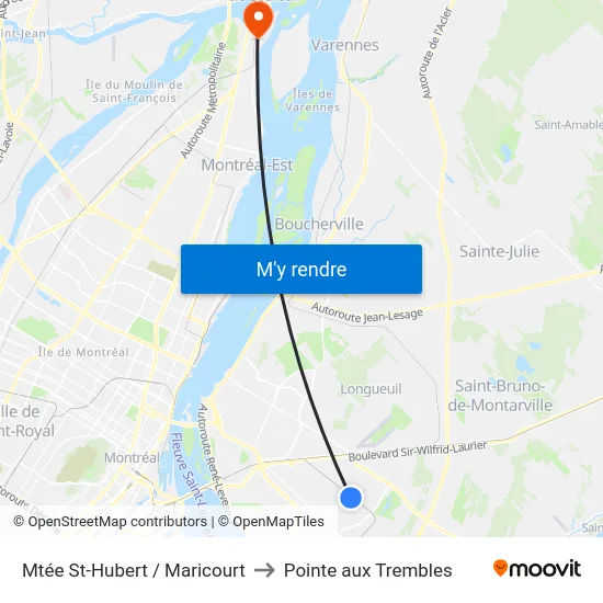 Mtée St-Hubert / Maricourt to Pointe aux Trembles map