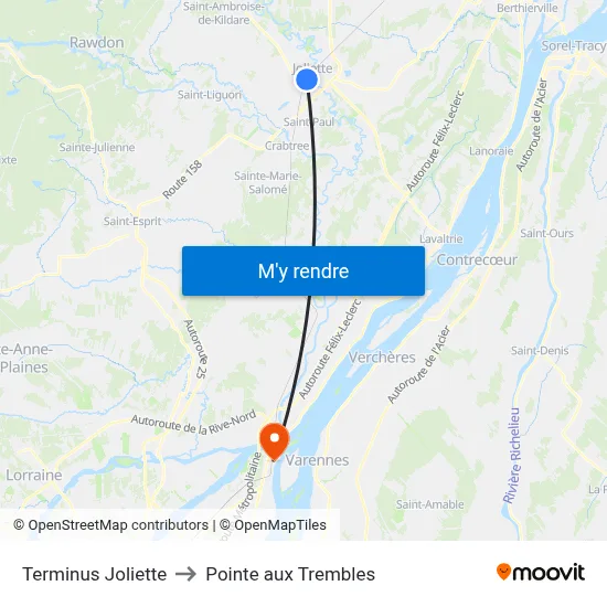 Terminus Joliette to Pointe aux Trembles map