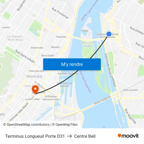 Terminus Longueuil Porte D31 to Centre Bell map