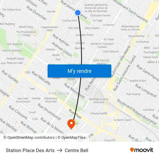 Station Place Des Arts to Centre Bell map