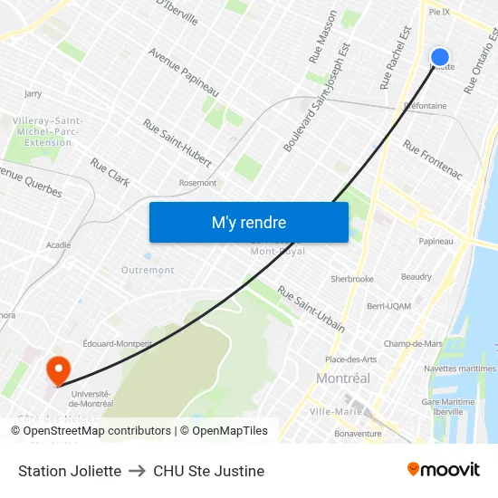 Station Joliette to CHU Ste Justine map