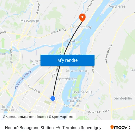 Honoré Beaugrand Station to Terminus Repentigny map
