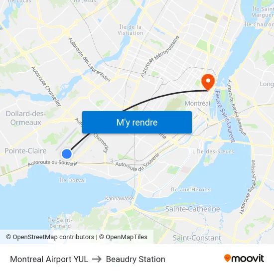 Montreal Airport YUL to Beaudry Station map