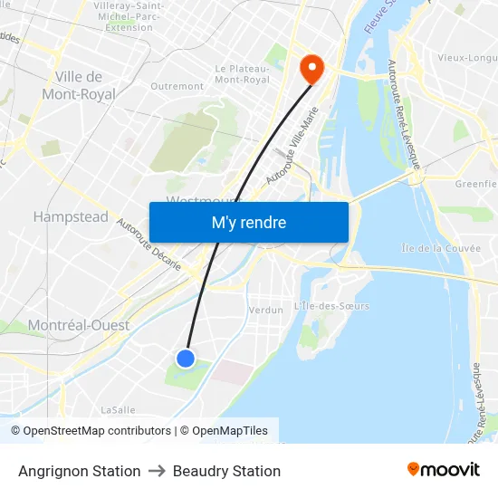 Angrignon Station to Beaudry Station map