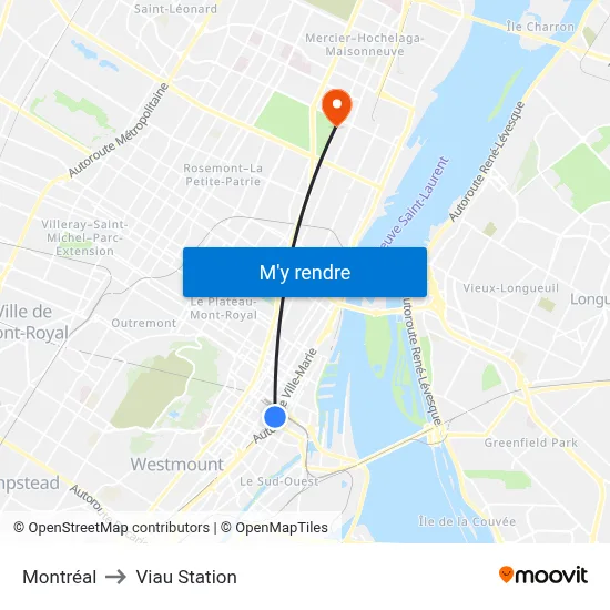 Montréal to Viau Station map