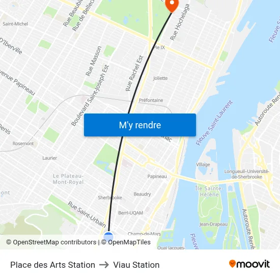 Place des Arts Station to Viau Station map