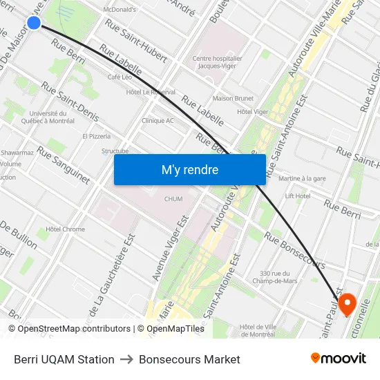 Berri UQAM Station to Bonsecours Market map