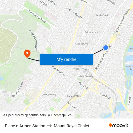 Place d Armes Station to Mount Royal Chalet map