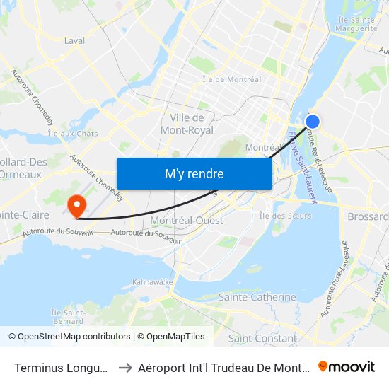 Terminus Longueuil to Aéroport Int'l Trudeau De Montréal map