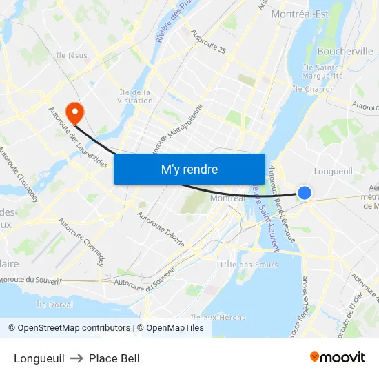Longueuil to Place Bell map