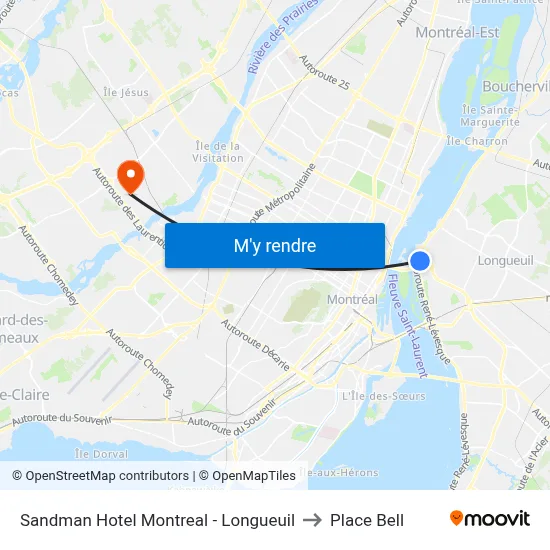 Sandman Hotel Montreal - Longueuil to Place Bell map