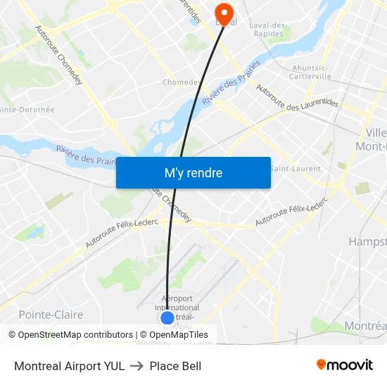 Montreal Airport YUL to Place Bell map