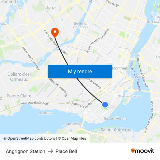Angrignon Station to Place Bell map