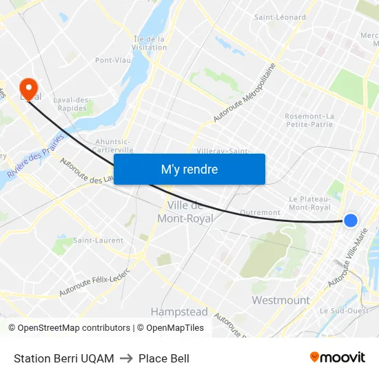 Station Berri UQAM to Place Bell map