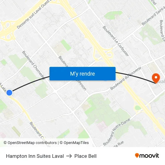 Hampton Inn Suites Laval to Place Bell map