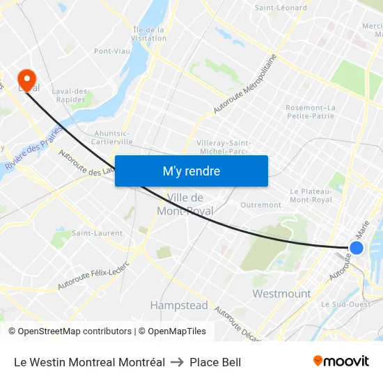 Le Westin Montreal Montréal to Place Bell map