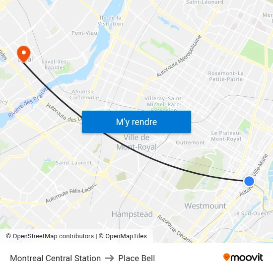 Montreal Central Station to Place Bell map
