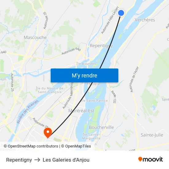 Repentigny to Les Galeries d'Anjou map