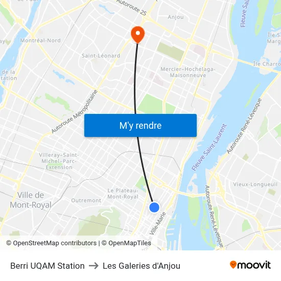 Berri UQAM Station to Les Galeries d'Anjou map