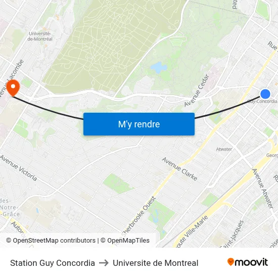 Station Guy Concordia to Universite de Montreal map
