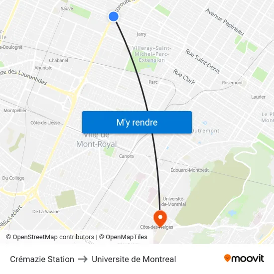 Crémazie Station to Universite de Montreal map
