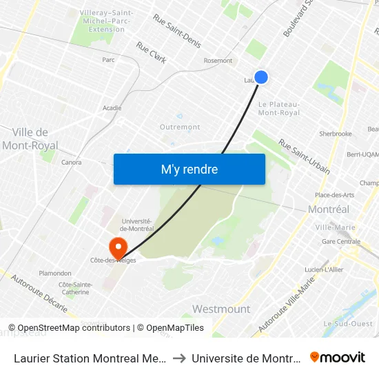 Laurier Station Montreal Metro to Universite de Montreal map