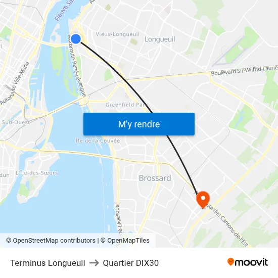 Terminus Longueuil to Quartier DIX30 map