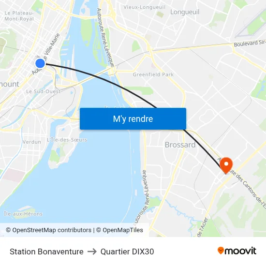 Station Bonaventure to Quartier DIX30 map