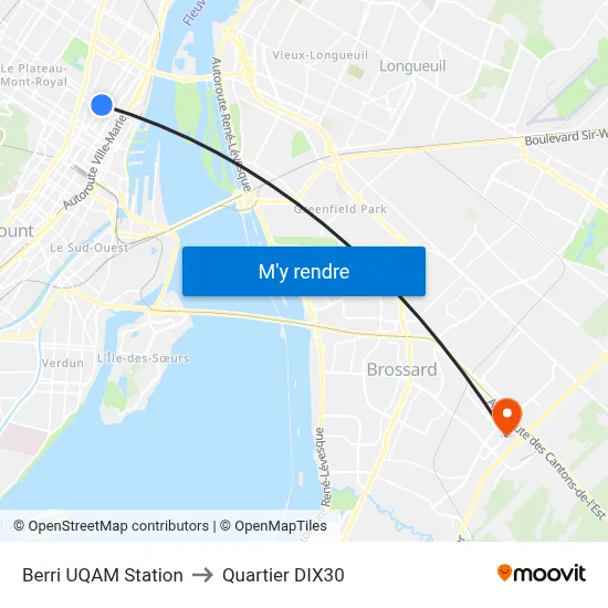 Berri UQAM Station to Quartier DIX30 map