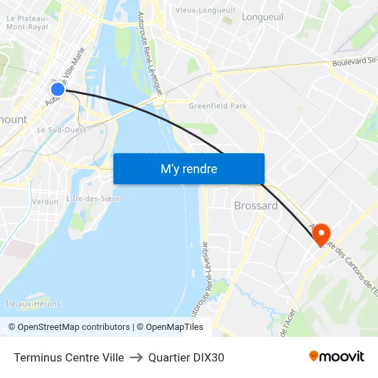 Terminus Centre Ville to Quartier DIX30 map