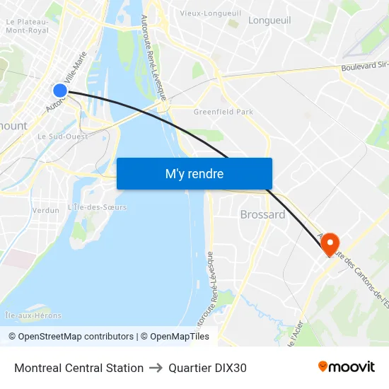 Montreal Central Station to Quartier DIX30 map