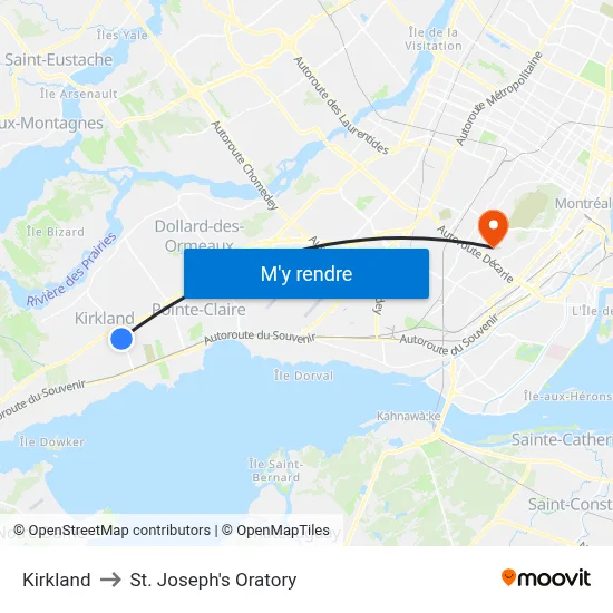 Kirkland to St. Joseph's Oratory map