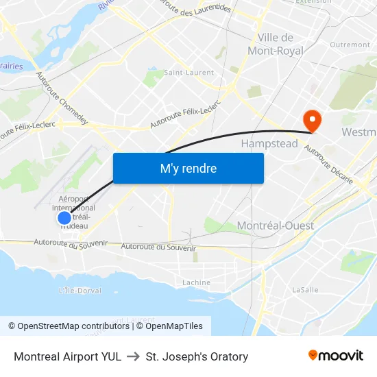Montreal Airport YUL to St. Joseph's Oratory map