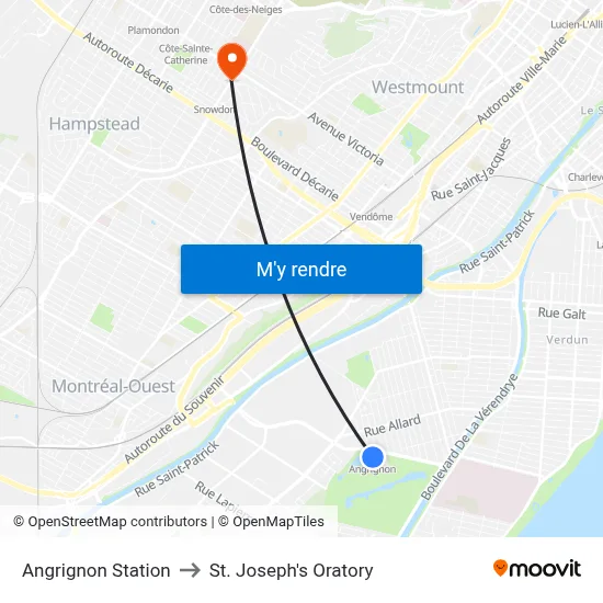 Angrignon Station to St. Joseph's Oratory map