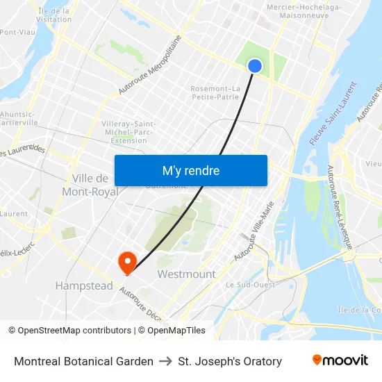 Montreal Botanical Garden to St. Joseph's Oratory map
