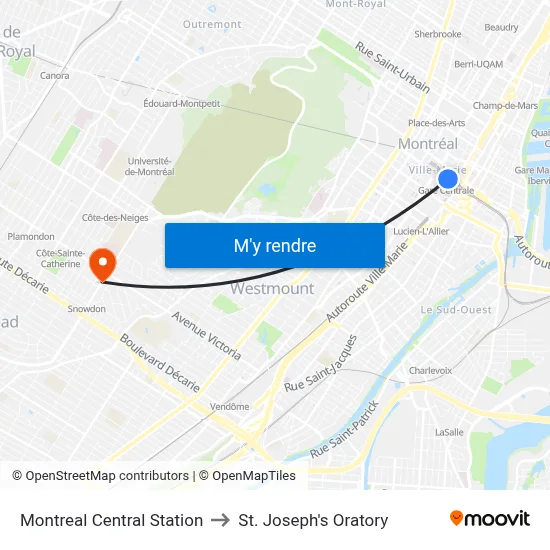 Montreal Central Station to St. Joseph's Oratory map