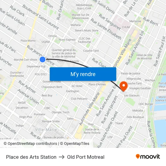 Place des Arts Station to Old Port Motreal map