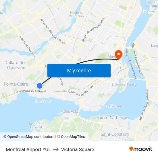 Montreal Airport YUL to Victoria Square map