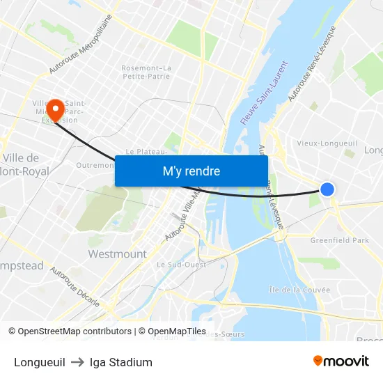 Longueuil to Iga Stadium map