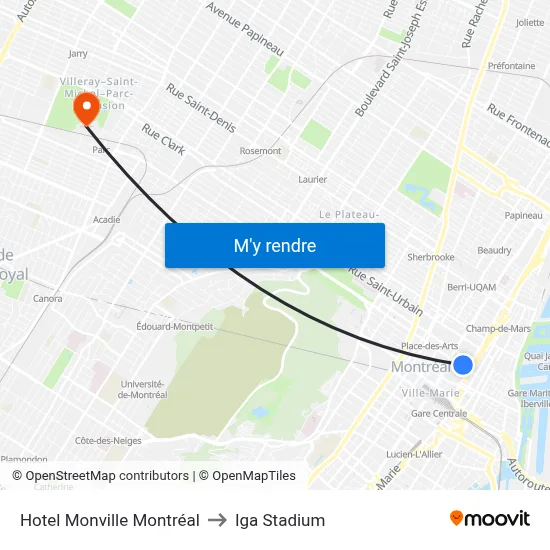 Hotel Monville Montréal to Iga Stadium map