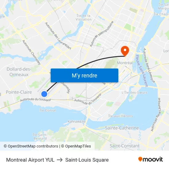 Montreal Airport YUL to Saint-Louis Square map
