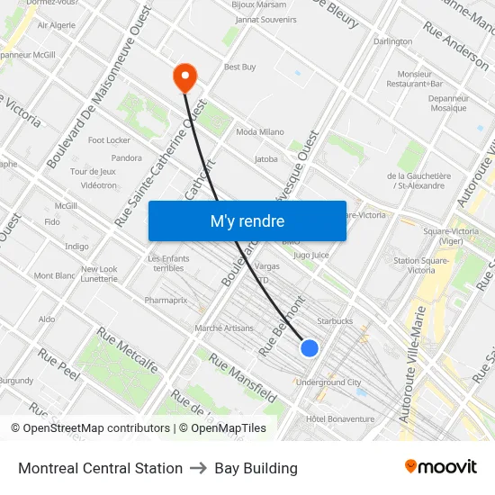 Montreal Central Station to Bay Building map
