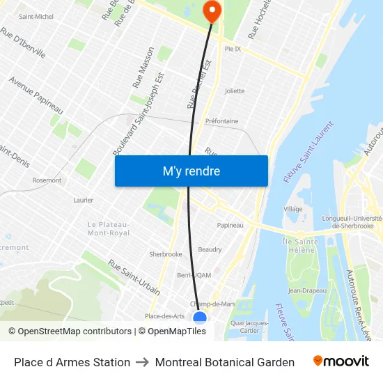 Place d Armes Station to Montreal Botanical Garden map