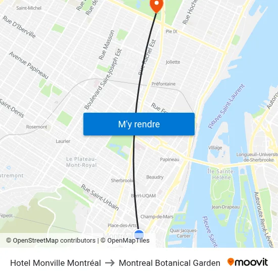 Hotel Monville Montréal to Montreal Botanical Garden map