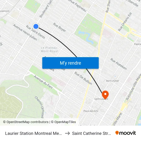 Laurier Station Montreal Metro to Saint Catherine Street map