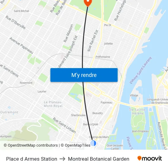 Place d Armes Station to Montreal Botanical Garden map